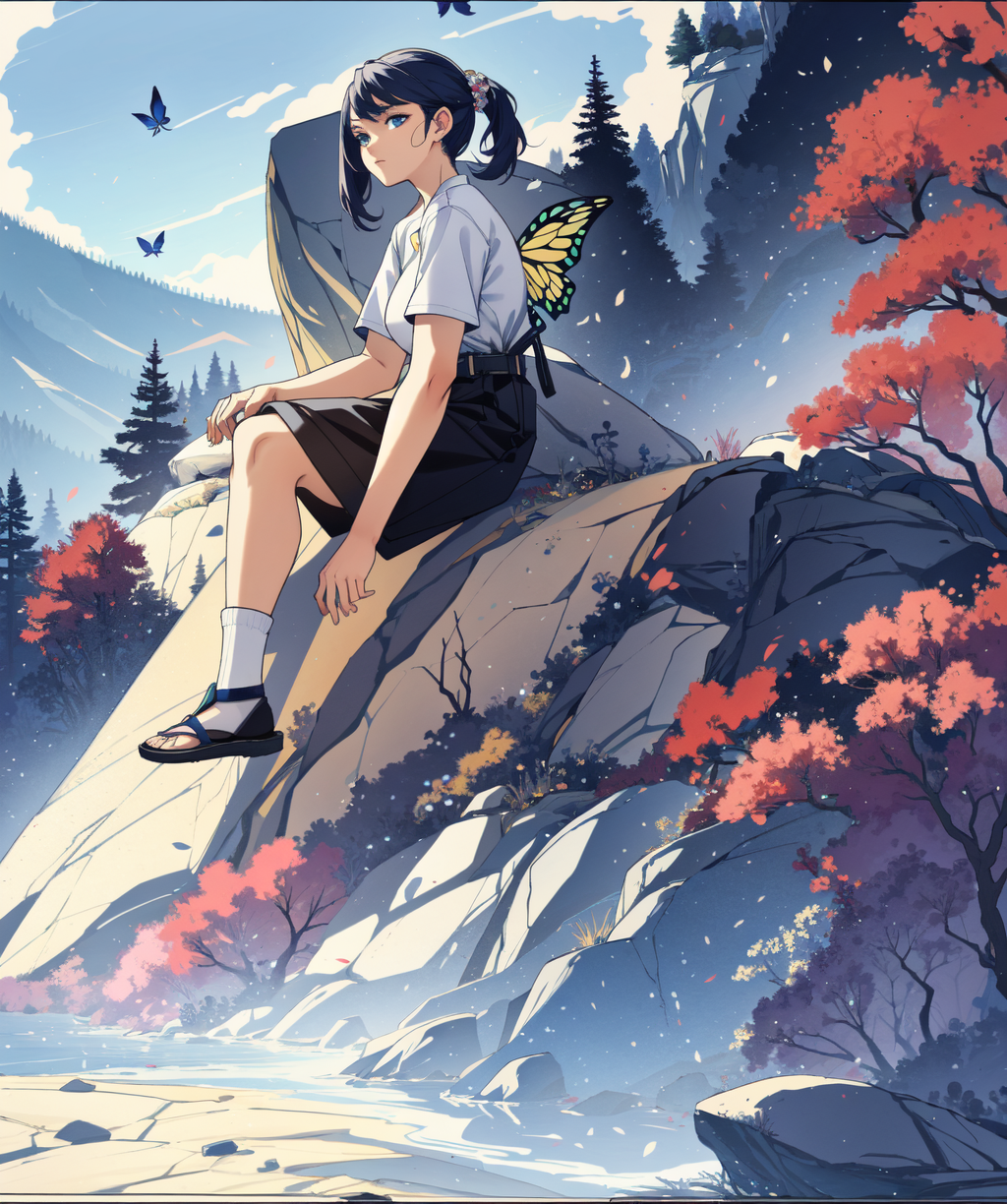 8k, masterpiece, solo, closeup,  1girl, fully clothed, beautiful, curvy, butterfly sitting, wearing Kaross and ankle socks and s-20231018171642.png
